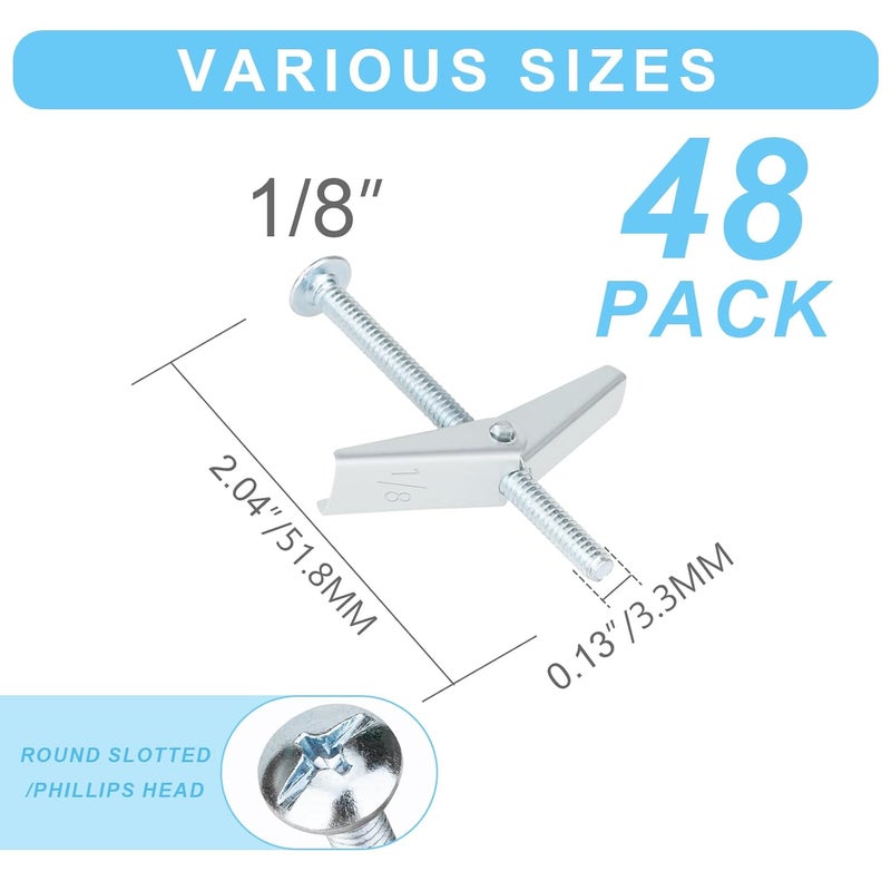 Vmuter 48Pcs Hollow Wall Anchors 1/8” Heavy Duty Butterfly Anchors for Drywall, Toggle Bolts and Wing Nut Kit, Metal Drywall Anchors and Screws Assortment Set - Image 2